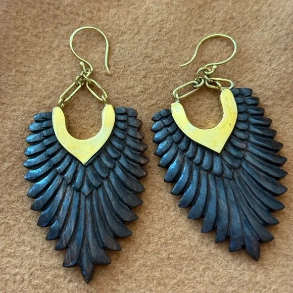 Gold Toned Trim Dark Wood Earrings Feather Style Earrings Hand Carved In Bali - Picture 5 of 9